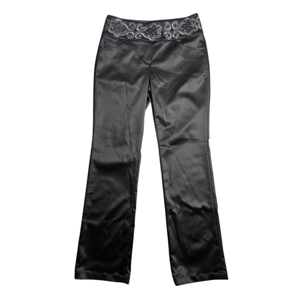 St. John Evening Black Satin Embroidered Waist Pants Size: 8 - Picture 1 of 8